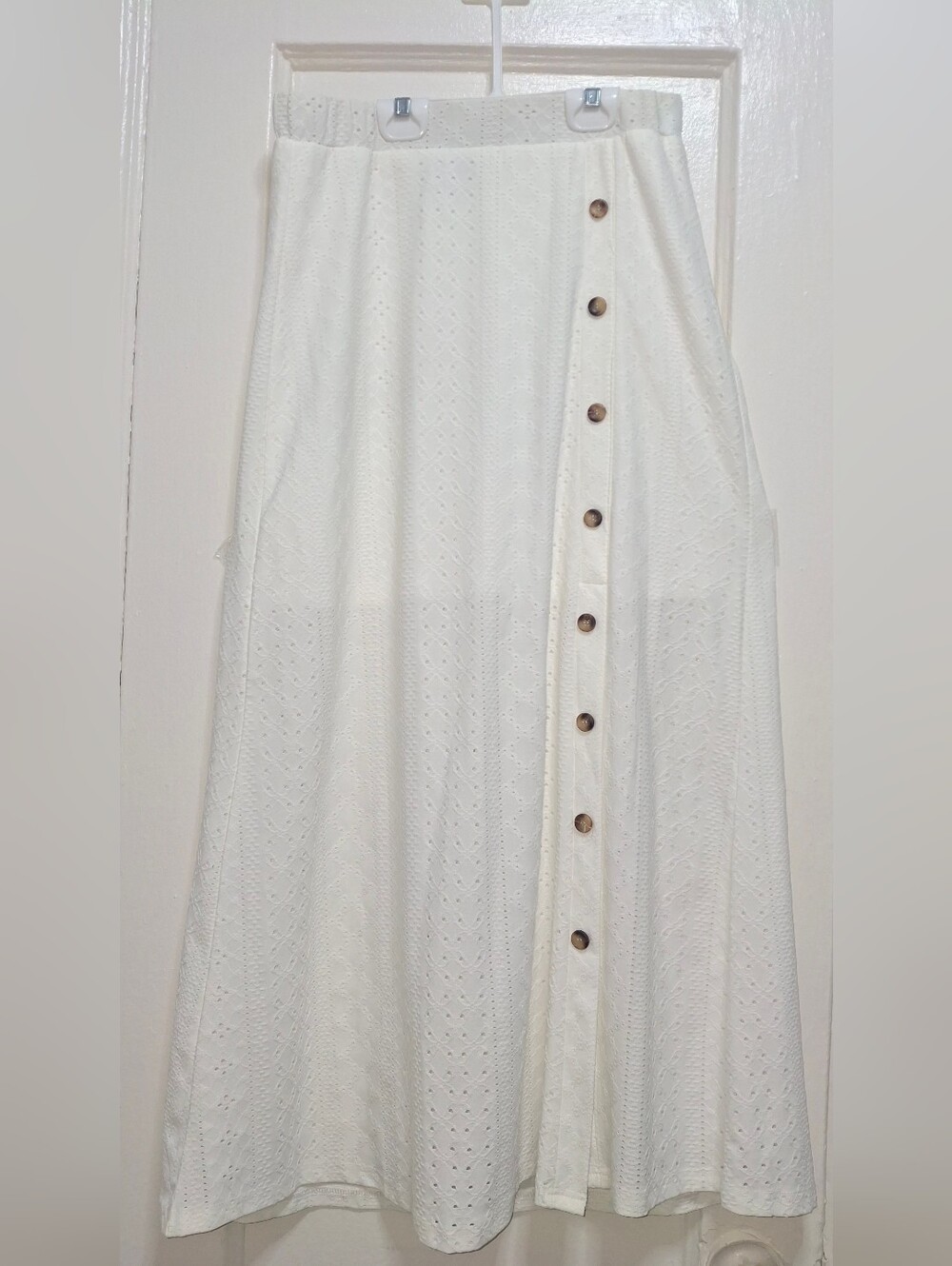 SHEIN White Eyelet Midi Skirt Women's M Button Front A-Line Boho Cottagecore - Picture 5 of 6